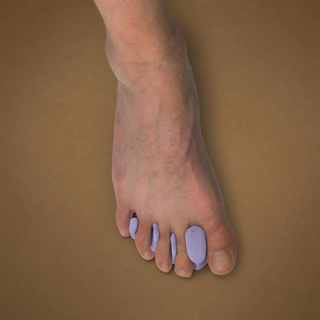 3D Custom Toe Spacers in Lilac worn on foot, showing natural toe splay and alignment